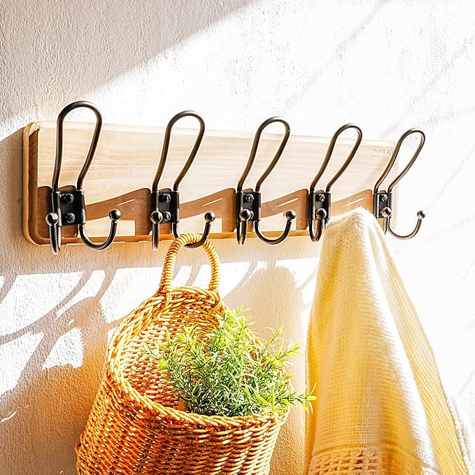 Dseap Coat Rack Wall Mounted - Heavy Duty Farmhouse Rustic Wall Coat Hanger with 5 Wire Hooks for Clothes Hat Jacket Towel, RusticWire, J1-5A, Weathered Brown & Black