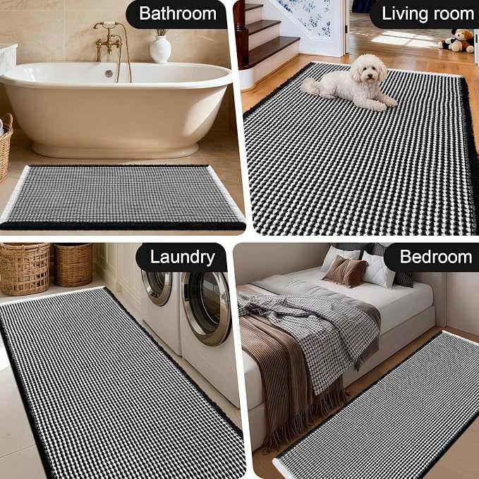 Upgraded Waffle Bath Mat Set 3 Piece Black & White, Super Absorbent Non-Slip Quick Dry Bathroom Rugs with Tassels, Machine Washable Ultra Soft Boho Bath Rugs for Floor,Toilet Mats Boho Farmhouse Decor
