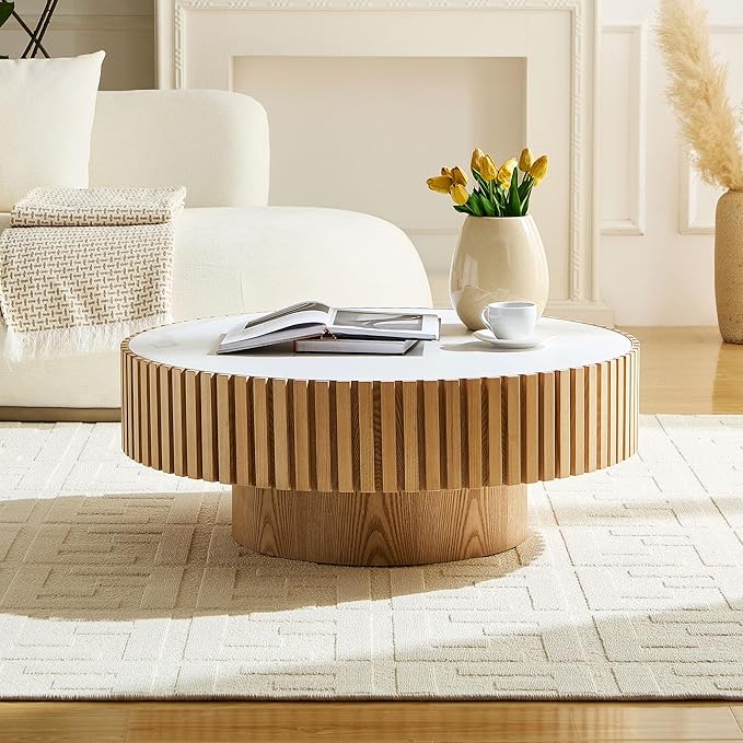 35.43'' Round Coffee Table with Faux Marble Tabletop, Modern Drum Center Coffee Tables Luxury Circle Coffee Table for Bedroom,Apartment,Living Room-Natural