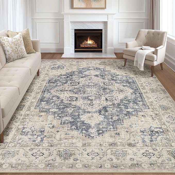 8x10 Area Rugs Living Room: Washable Boho Large Neutral Vintage Soft Rug Stain Resistant Distressed Farmhouse Non-Slip Indoor Floor Carpet for Bedroom Nursery Kids Office Dining Room- Brown Blue