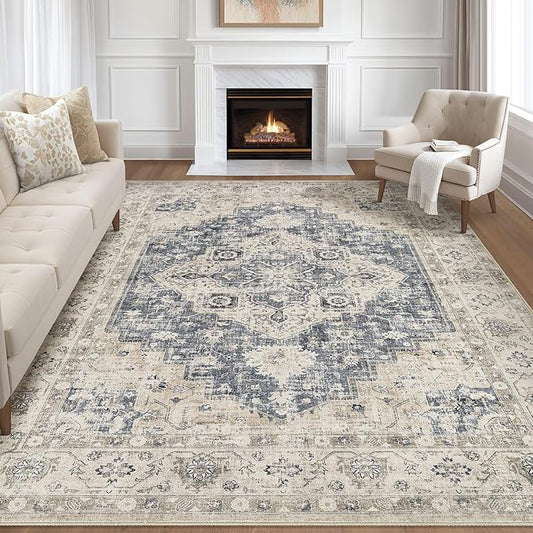 8x10 Area Rugs Living Room: Washable Boho Large Neutral Vintage Soft Rug Stain Resistant Distressed Farmhouse Non-Slip Indoor Floor Carpet for Bedroom Nursery Kids Office Dining Room- Brown Blue