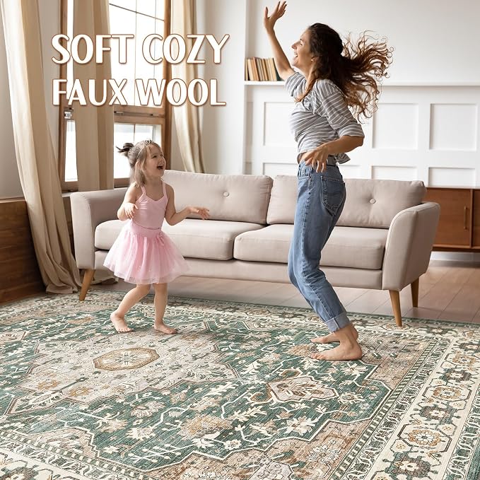 9x12 Area Rug Living Room: Machine Washable Boho Large Vintage Soft Rugs Stain Resistant Farmhouse Oriental Non Slip Indoor Floor Carpet for Bedroom Nursery Kids Playroom Office Dining Room- Green