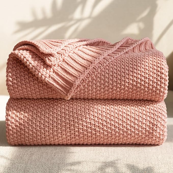 100% Cotton Cable Knit Throw Blanket, Large Lightweight Soft Knit Blanket for Sofa Couch Bed, Breathable All-Season Throw, Cozy Decorative Blanket, 60 x 80 Inch,Pink