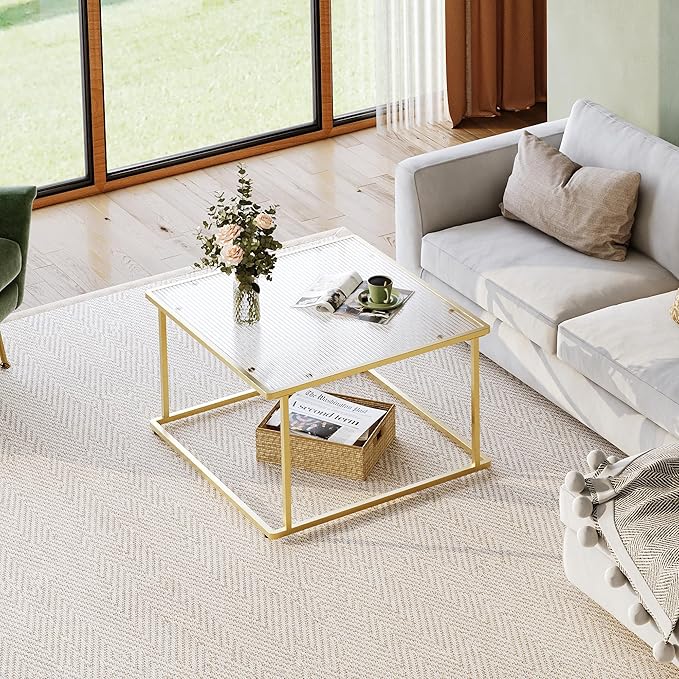 WLIVE Glass Coffee Table, Small Modern Coffee Table for Living Room with Wave Textured Glass & Metal Frame, Square Center Table for Small Spaces Apartment, Office, 26.4 x 26.4in, White