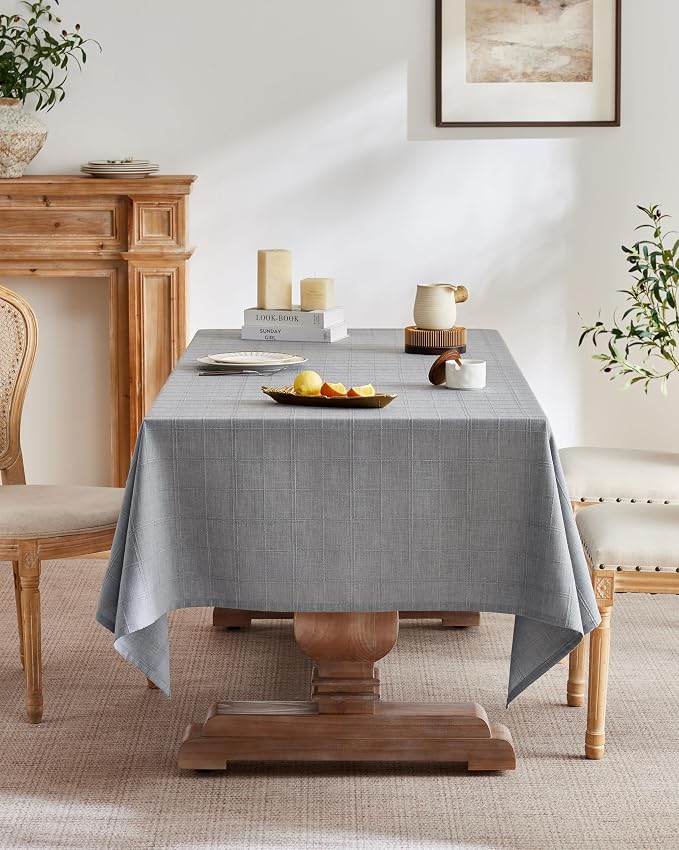 ZeeMart Linen Checked Table Cloth 52x70 Inches (Fit 3ft-4ft, Narrow Fit for 5ft Rectangle Table), Farmhouse Style Plaid Embroidered Water Resistant Table Cover, Blue Ashes