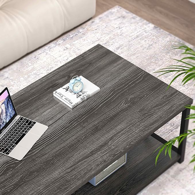 FOLUBAN Coffee Table with Storage, Modern Small Center Tables for Small Spaces, Rustic Wood and Metal Cocktail Table for Living Room, 39.3 Inch Dark Gray