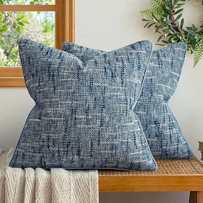a moment Light Blue Reversible Pillow Covers 2 Pack - Farmhouse Chenille Velvet Throw Pillows, Neutral Textured Decorative Throw Pillow Covers with Border for Couch Sofa Bed (22x22 Inch, No Insert)