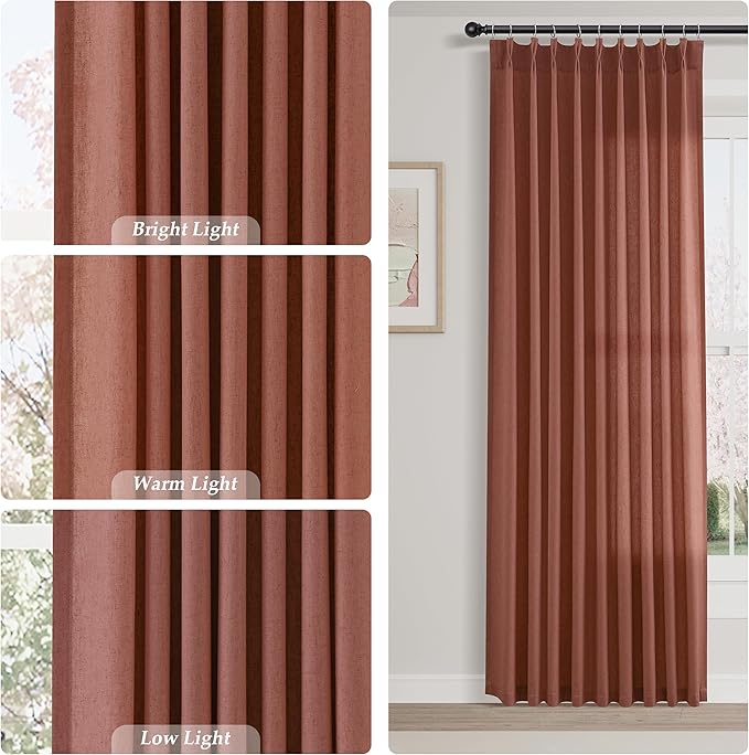 Aersas Canyon Rose Pinch Pleated Linen Curtains 96 Inch Length 2 Panels for Living Room Bedroom Semi Sheer Window Curtain Boho Neutral Back Tab Pinch Pleat Drape with Hooks 40x96