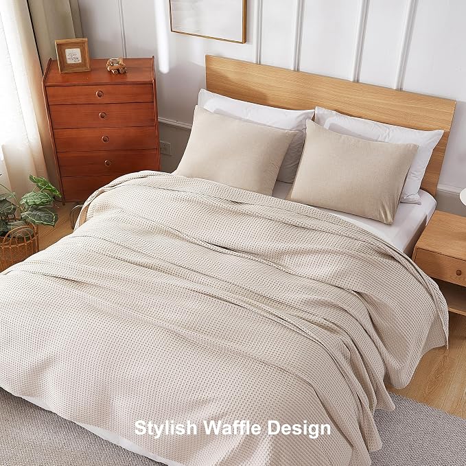 100% Egyptian Cotton Waffle Weave Blanket King Size for Bed, 320 GSM - Breathable and Soft for Spring Summer, Lightweight All Season Bed Blanket for Couch, Sofa (104x90 Inches, Light Khaki)