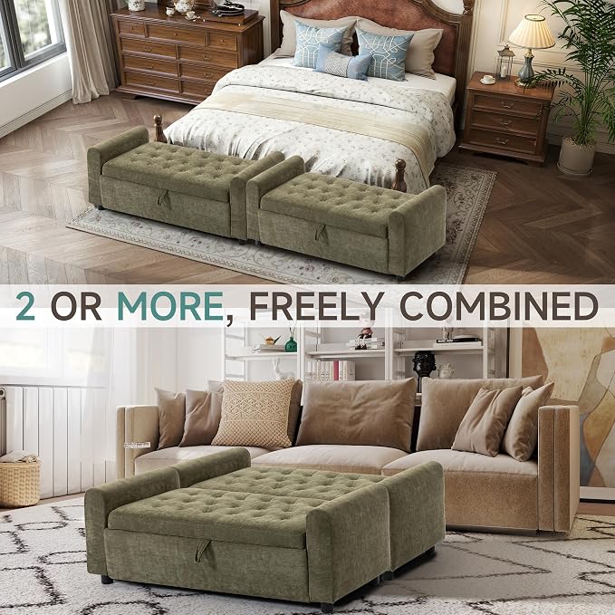 Ottoman with Storage, Tufted Storage Bench for Bedroom, 48" Fabrics End of Bed Bench, Upholstered Entryway Shoe Benches with Rolled Arm & Inner Zipper, Window Ottomans Chest without Rivets, Green
