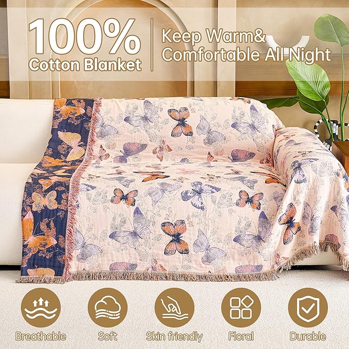 VANJOROY Boho Throw Blanket, 100% Organic Cotton Breathable Ultra Soft 80" x 90" Bed Quilt Throw - All Season Floral Rustic Farmhouse Decor Luxury Reversible Blanket for Sofa Couch Chair and Gift