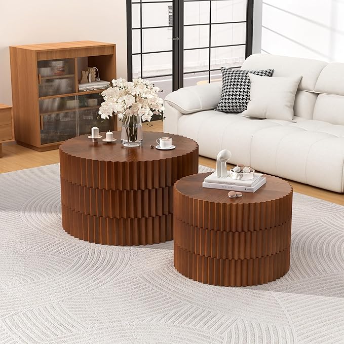 Round Nesting Coffee Table Set of 2 Modern Fluted Coffee Table Walnut Round End Table Small Side Table Circular Coffee Tables Circle Nested Coffee Tables for Living Room (Brown Large)