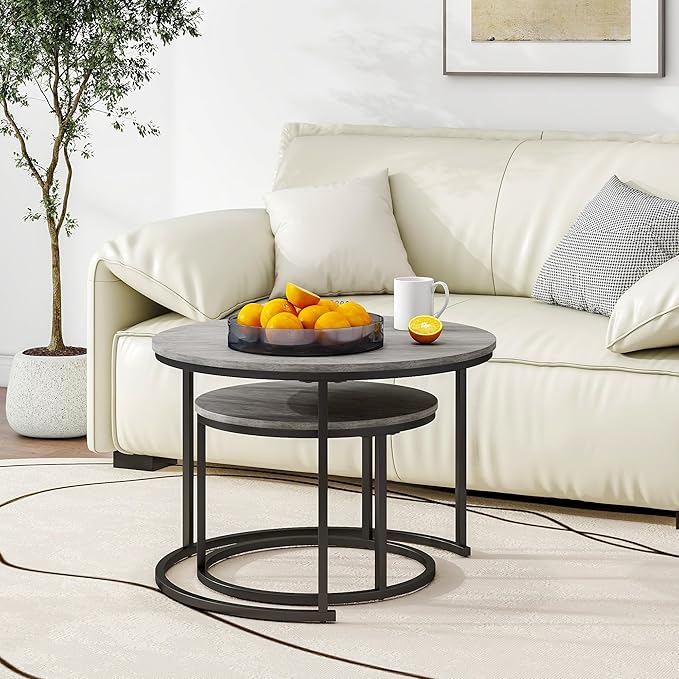 HOJINLINERO Round Coffee Table,Nesting Coffee Table Set of 2,Center Tables for Living Room,Office, Home Small Space,Stacking Side Tables,Sturdy and Easy Assembly,Wood Desktop,Black+Warm Grey,Large