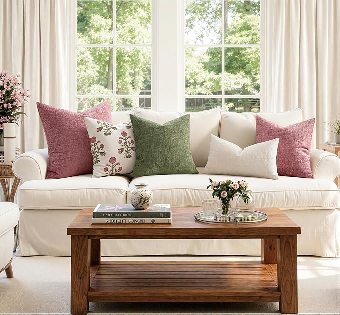 MIULEE Decorative Throw Pillow Covers 18x18 Pack of 2 Blush Pink Spring Couch Pillow Covers Soft Cozy Textured Chenille Pillowcases for Home Decor Sofa Living Room Cushion Bedroom