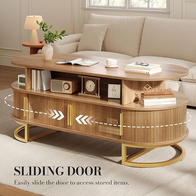 YITAHOME Coffee Table, Coffee Tables for Living Room with Sliding Doors & Large Storage, Modern Wooden Coffee Table with Gold Handles, Metal Base for Living Room, Natural Oak