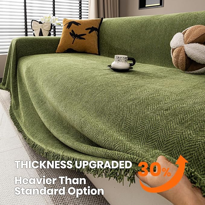 Chenille Couch Cover for Sofa Non Slip Cover Washable Pet Scratch Couch Covers Tassel Sofa Slipcover for 2 Cushion Couch Furniture Protector Blanket for Living Room,Green 71"x102"