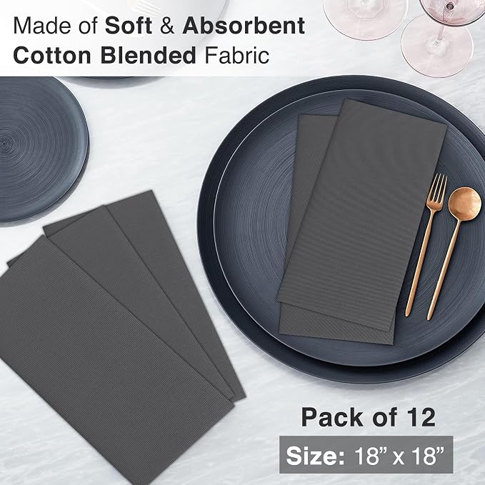 Ruvanti Cloth Napkins Set of 6, 18x18 Inches Napkins Cloth Washable, Soft, Durable, Absorbent, Cotton Blend. Table Dinner Napkins Cloth for Hotel, Lunch, Restaurant, Wedding Parties - Dark Grey