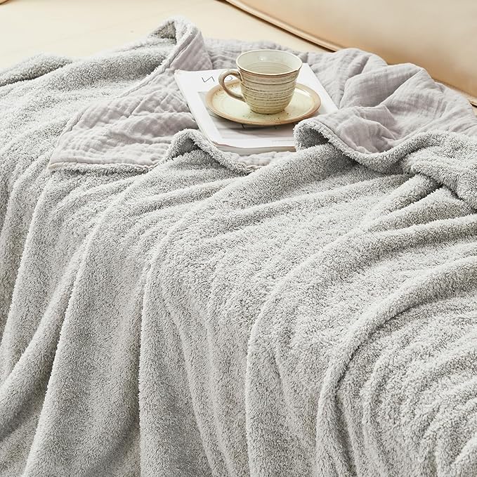 EMME Muslin and Fleece Throw Blanket Reversible - 50"*60" Grey Soft Warm Throw Blankets for Couch Bed Picnic Travel Bed