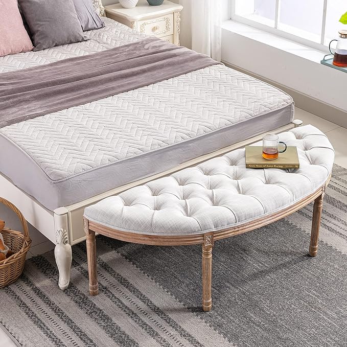 chairus Linen Halfmoon Entryway Bench 55" Button Tufted Semi-Circle Ottoman Comfy Upholstered Seat for Bedroom/End of Bed/Mudroom/Indoor, Beige