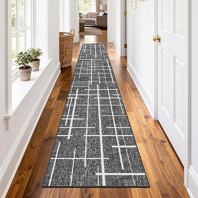 Non Slip Hallway Runner Rug 2.6x12, Modern Distressed Stripe, Washable Extra Long Rug, Woven Thin Low Pile Carpet Runners for Hallway 12ft Entryway, Kitchen, Walkway- Gray