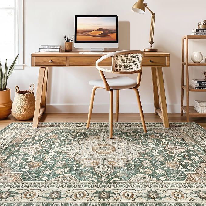 12x15 Area Rug Living Room: Machine Washable Boho Large Vintage Soft Rugs Stain Resistant Farmhouse Oriental Non Slip Indoor Floor Carpet for Bedroom Nursery Kids Playroom Office Dining Room- Green