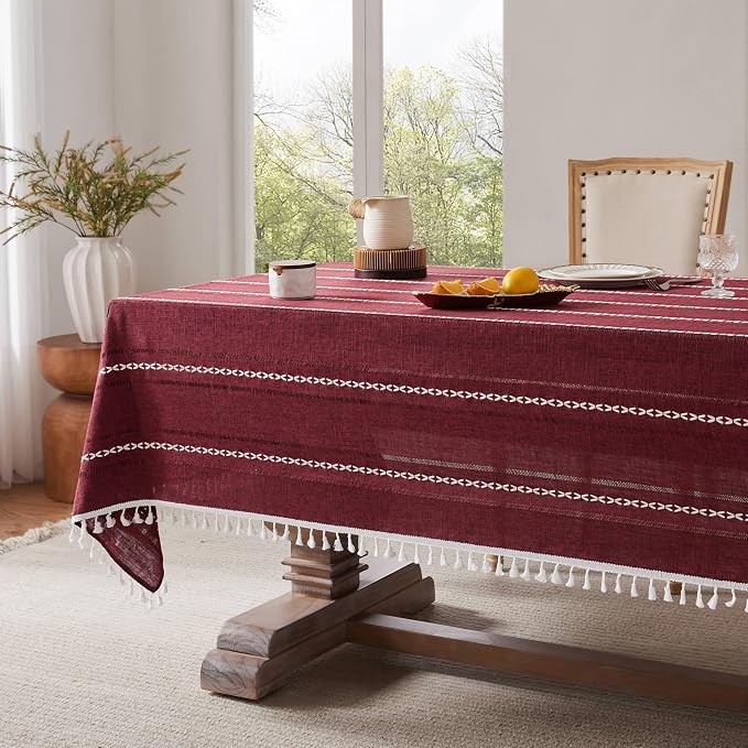 ZeeMart Hemstitched Embroidery Striped Boho Tablecloth 60x120 Inch Burgundy, Heavy Weight Farmhouse Burlap Linen Red Tablecloth, Wrinkle Resistant Washable Table Cloth for Rectangle Table