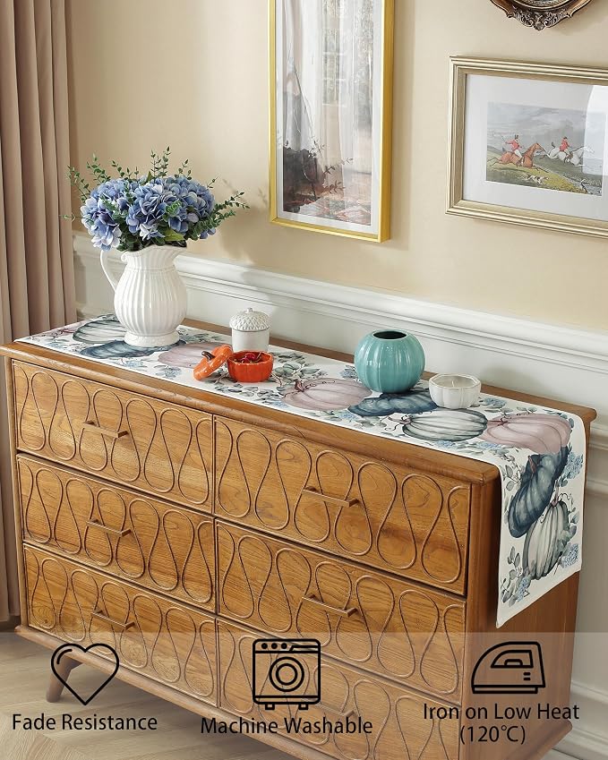 Fall Decorations for Home Blue Fall Table Runner 48 Inches Long with Autumn Pumpkins Eucalyptus Leaves. Thanksgiving Decorations for Dining Room Kitchen Table Seasonal Holiday Harvest Party Decor