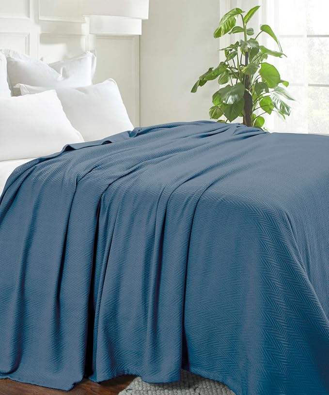 Superior Metro All-Season Cotton Blanket, Woven Blanket for Couch, Bed, Bedding, Farmhouse, Home Essentials, Cute and Cozy Bohemian Blankets, Herringbone Weave, Throw Size, Denim Blue