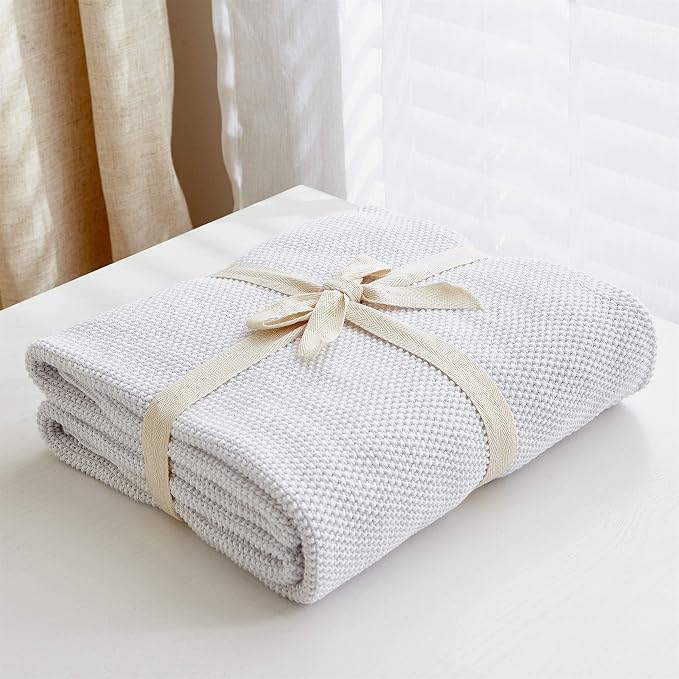 Longhui bedding Ivory White Cotton Cable Knit Throw Blanket for Couch Sofa Chair Bed Home Decorative, 60 x 80 Inch Woven Throw Blankets with a Washing Bag Silk Bow Tie Package