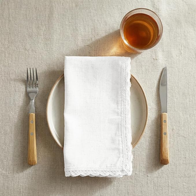 Flax Lace Cloth Dinner Napkins Set of 12 White - 20x20 Inches, Decorative Premium Cotton Linen Dinning Table Napkin Ideal for Wedding,Cocktail Party | Soft Durable Neutral Napkins for Mother's Day