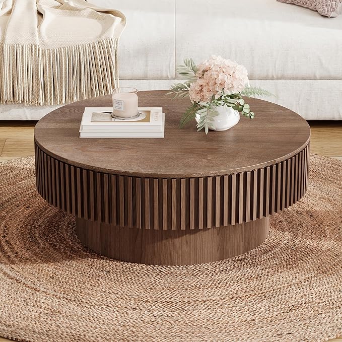 31.5'' Round Coffee Table with Storage, Modern Luxury Circle Drum Center Tables with Solid Wood Veneered, Accent Side Coffee Table for Living Room, Bedroom, Apartment-Walnut