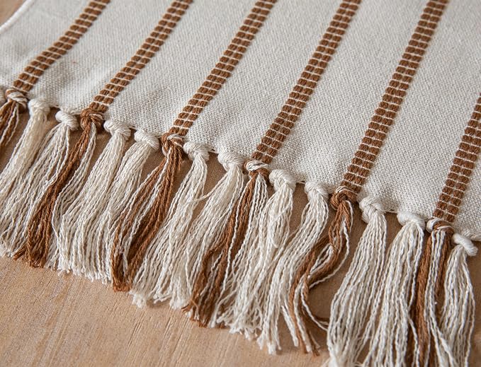 Caflife Boho Table Runner 90 Inchs Long Brown and Beige, Cotton and Linen Woven with Tassels, for Modern Rustic Farmhouse Neutral Table Runners, Bohemian Kitchen Dining Table Home Decor