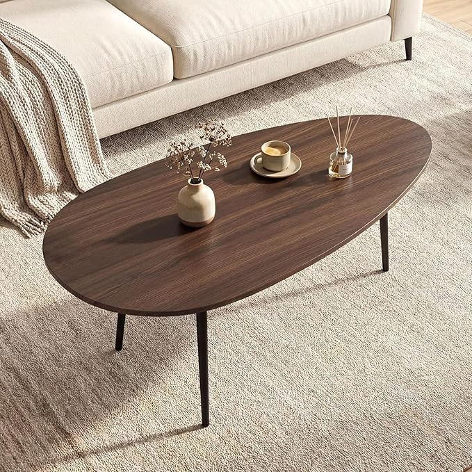 Giantex Oval Coffee Table, Mid Century Modern Center Table with Sturdy Metal Frame and Compact Design, Vintage Accent Cocktail Tea Table, Wood Living Room Tables for Small Spaces (Walnut)