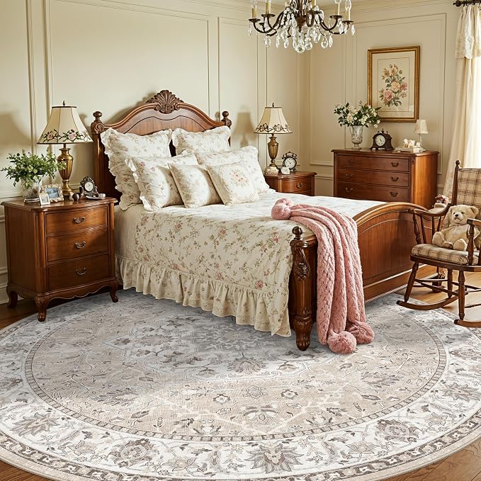 Washable 6ft Circle Round Rug: 6x6 Low-Pile Circular Rug for Living Room Bedroom Cute Office Nursery Area Rug with TPR Rubber Backing Soft Stain-Resistant Carpet Bathroom Entryway Dorm(6Round，Beige)