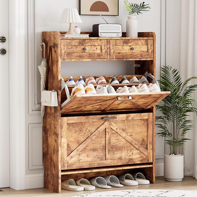 Shoe Cabinet with 2 Flip Drawers & 2 Top Drawers, 43" Tall Freestanding Narrow Wooden Shoe Storage Organizer for Entryway, Hidden Slim Shoe Rack for Front Door Entrance, Hallway, Living Room, Brown
