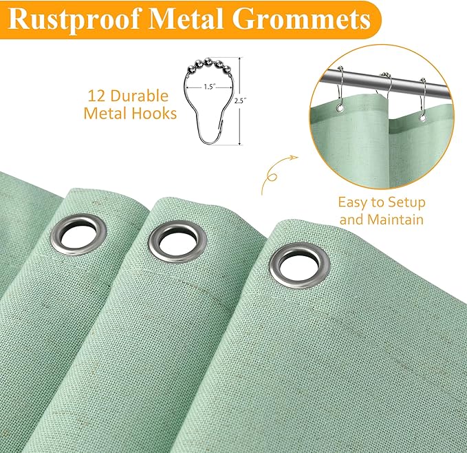 Naturoom Aqua Green Linen Shower Curtain, Country Boho Farmhouse Bath Decor Shower Curtains Neutral Cloth Weighted Textured Fabric Bath Curtain Liner with Hooks, 72x84