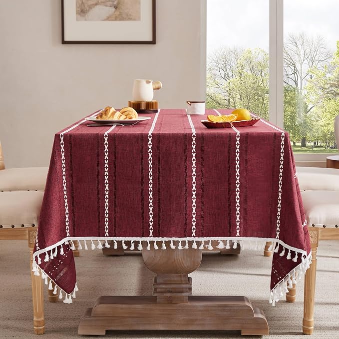 ZeeMart Hemstitched Embroidery Striped Boho Tablecloth 54x54 Inch Burgundy, Heavy Weight Farmhouse Burlap Linen Red Tablecloth, Wrinkle Resistant Washable Table Cloth for Square Table