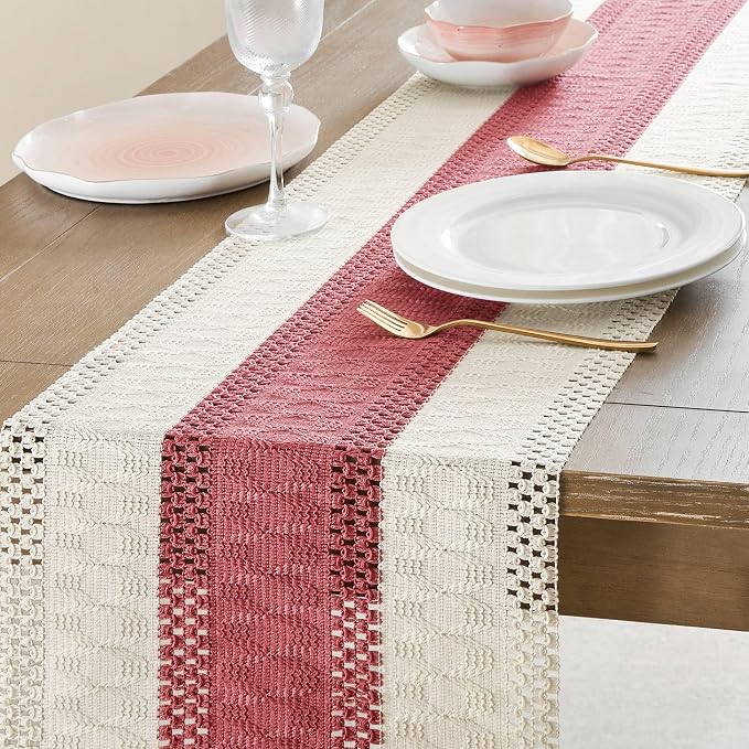 ZeeMart Macrame Style Bicolor Stitching Table Runner, 14 x 108 Inch Dusty Rose/Ivory, Boho Pink Table Runners 108 Inches Long, Farmhouse Woven Home Decor