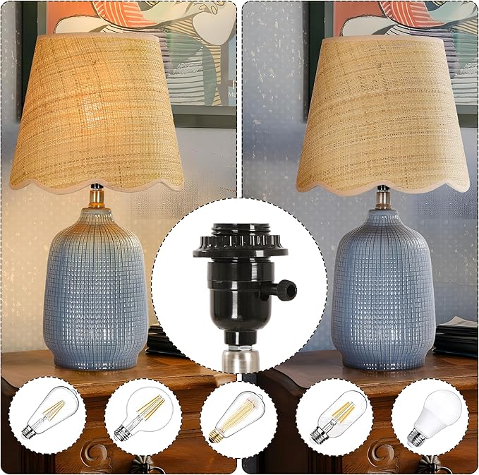 Pia Ricco Set of 2 19" Modern Ceramic Table Lamp for Living Room Gray Blue Base Desk Lamps for Bedroom Farmhouse Bedside Nightstand Lamp End Table Lamps,Bule,Rattan Shade