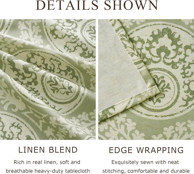 Vintage Green Floral Rectangle Tablecloth: Linen Printed Farmhouse Table Cloth - Damask Patterned on Burlap Textured Fabric Outdoor Table Cover for Kitchen,Dining,Party,Picnic Decor, 55x102 Inch