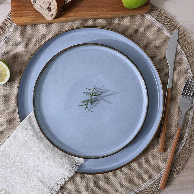 Famiware Plates and Bowls Sets, Annecy Stoneware Dinnerware Sets for 8, 24 Pieces Dish Set, Plate with Lip Edge, Reactive Glaze Tableware - Microwave & Dishwasher Safe, Reactive Blue