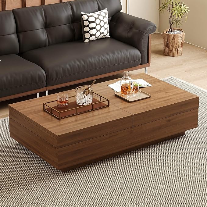 Mid-Century Modern Expandable Coffee Table, 47.2"-81.8" Adjustable Walnut Center Table with Large Hidden Storage for Living Room