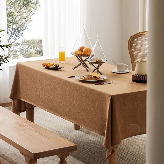 Linen Tablecloth for Square Table, 60x60 Inch Caramel, Farmhouse Style Brown Tablecloth, Water Resistant Burlap Tablecloths for Dining Table Farmhouse Kitchen