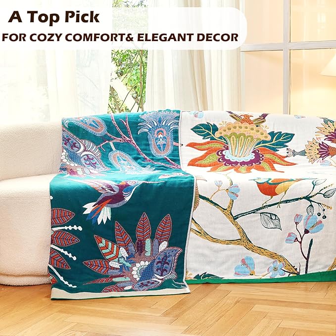 VANJOROY Boho Throw Blanket, 100% Organic Cotton Breathable Skin-Friendly Ultra Soft Bed Quilt Throw - All Season Floral Bird Farmhouse Décor Luxury Blanket for Sofa Couch Chair and Gift. 80" x 90"