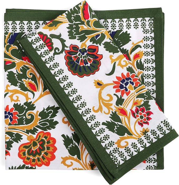 Cloth Napkins Set of 12 Cotton Linen Printed Dinner Napkin Perfect for Parties Weddings Cocktail 20x20 Every Day Use Reusable Washable Good Absorbency (Green Floral Print, Napkins (Pack of 12))