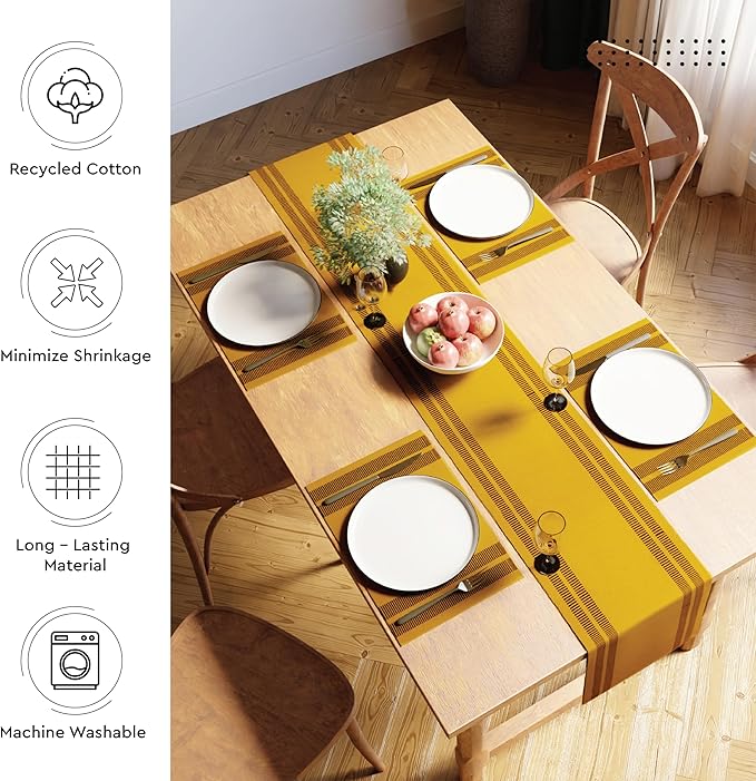 Encasa XO Dining Table Runner 13"x94" | Yarn Dyed Fine Ribbed Cotton | Ladder Yellow | Machine Washable