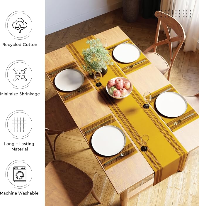 Encasa XO Dining Table Runner 13"x120" | Yarn Dyed Fine Ribbed Cotton | Ladder Yellow | Machine Washable