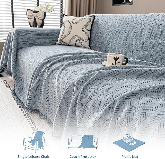 Chenille Couch Cover for Sofa Non Slip Cover Washable Pet Couch Covers Tassel Armchair Sofa Slipcovers Dog Scratch Furniture Protector Blanket for Living Room,Dusty Blue 71"x71"
