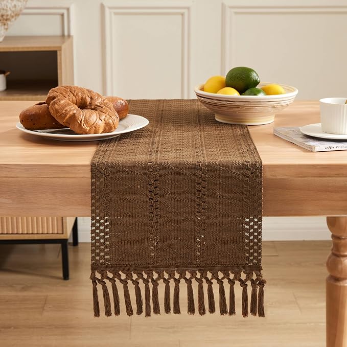 ZeeMart Macrame Style Boho Table Runner, Brown Table Runners 36 Inches Long, Farmhouse Woven Home Decor, 12x36 Inch, Caramel