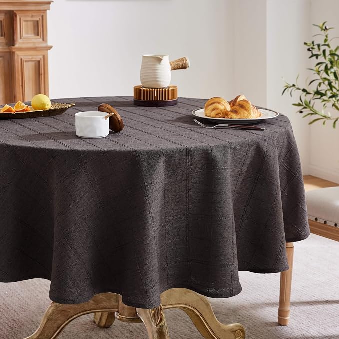 ZeeMart Linen Checked Table Cloth 60 Inches Round, Farmhouse Style Plaid Embroidered Water Resistant Table Cover, Charcoal